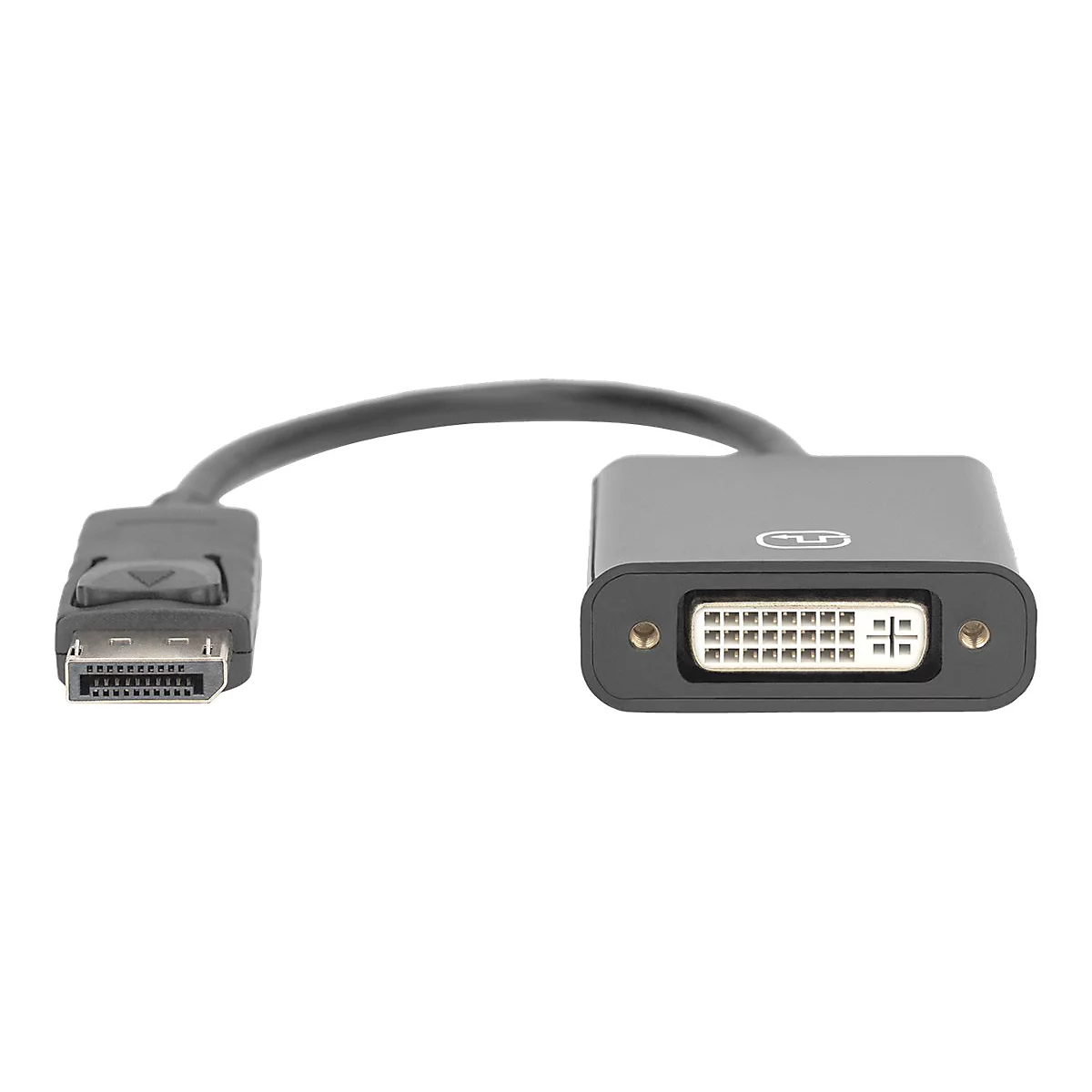 Adaptateur noir avec connecteurs DisplayPort et DVI. L'adaptateur est utilisé pour connecter des écrans.