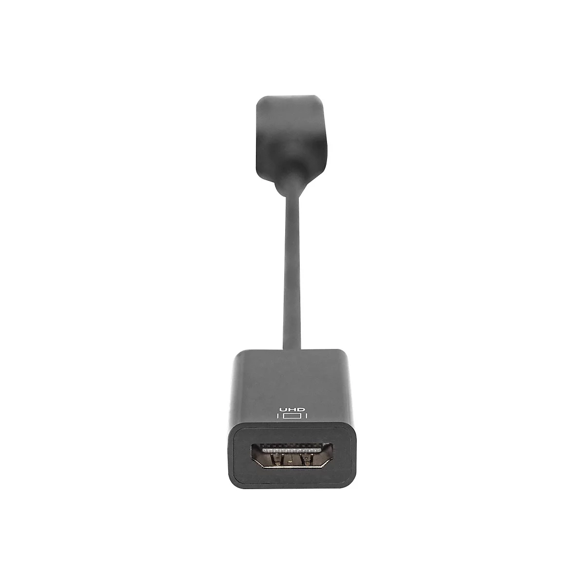 Un adaptateur HDMI noir avec prise et connecteur. UHD est inscrit sur le connecteur.