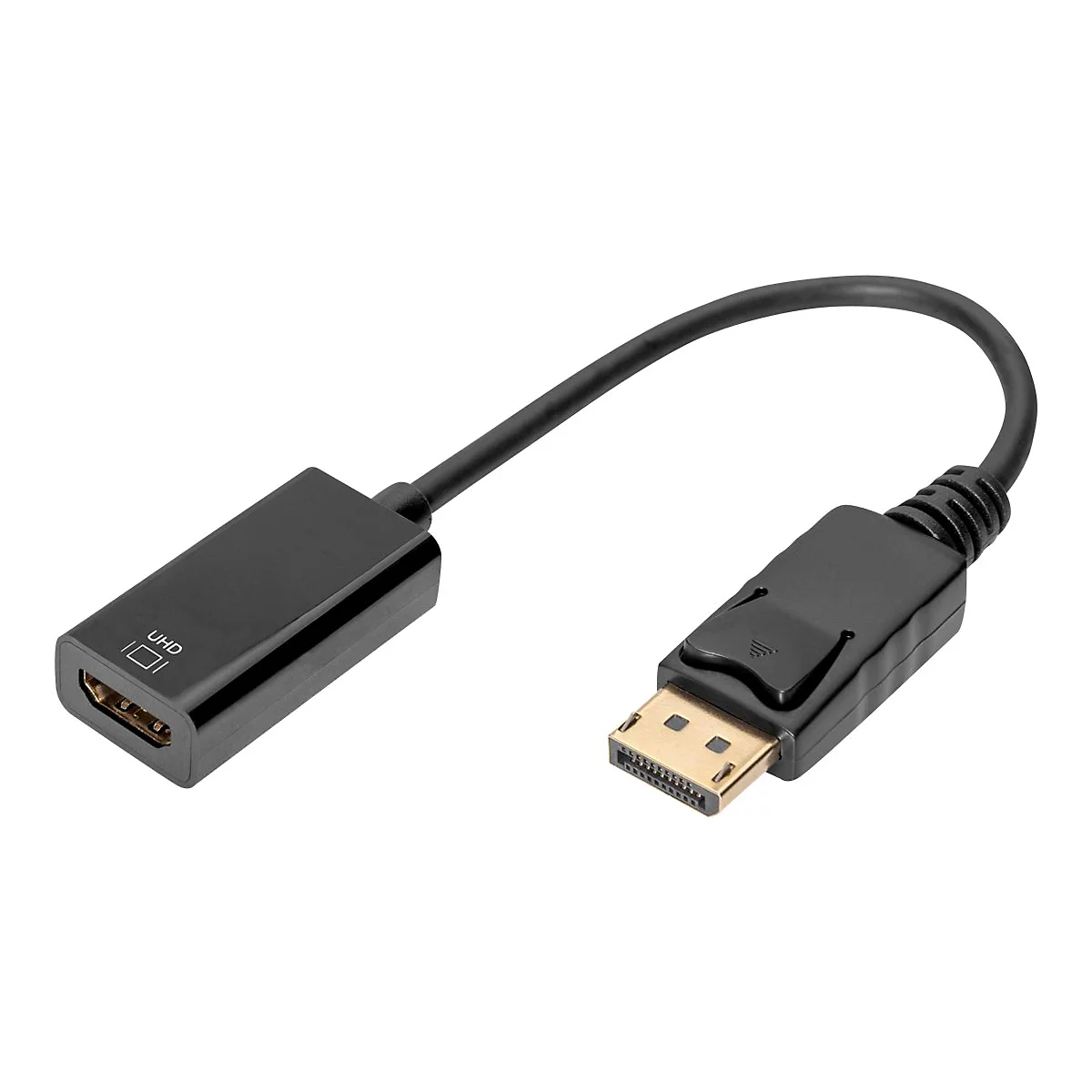 Adaptateur HDMI vers DisplayPort noir, gros plan sur fond blanc.