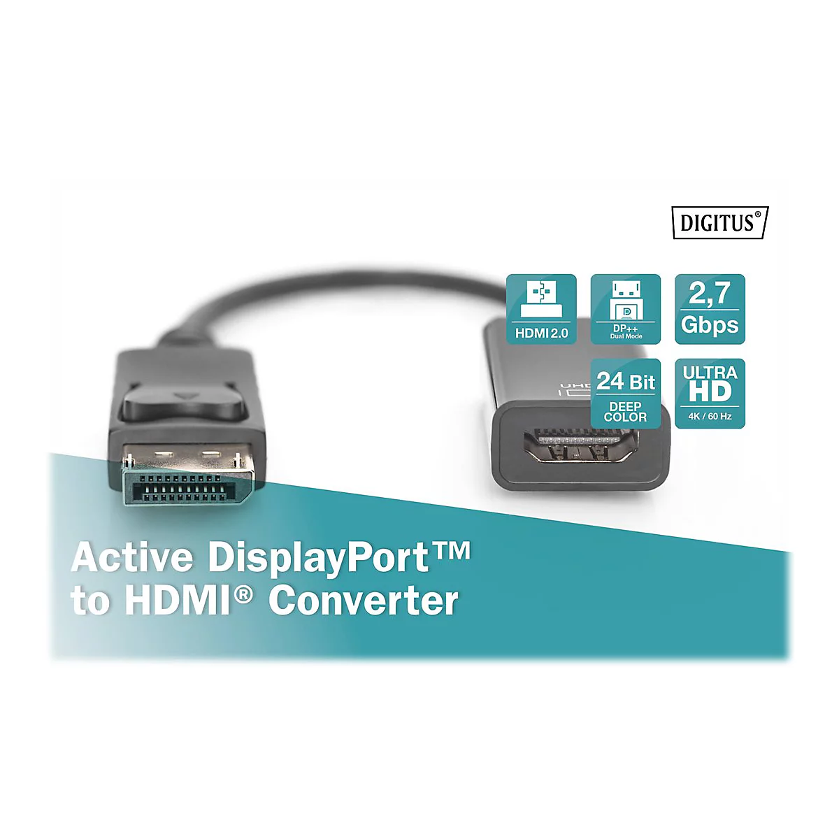 Convertisseur DisplayPort actif vers HDMI. Câble noir avec connecteurs. Logos et spécifications techniques sur fond blanc.