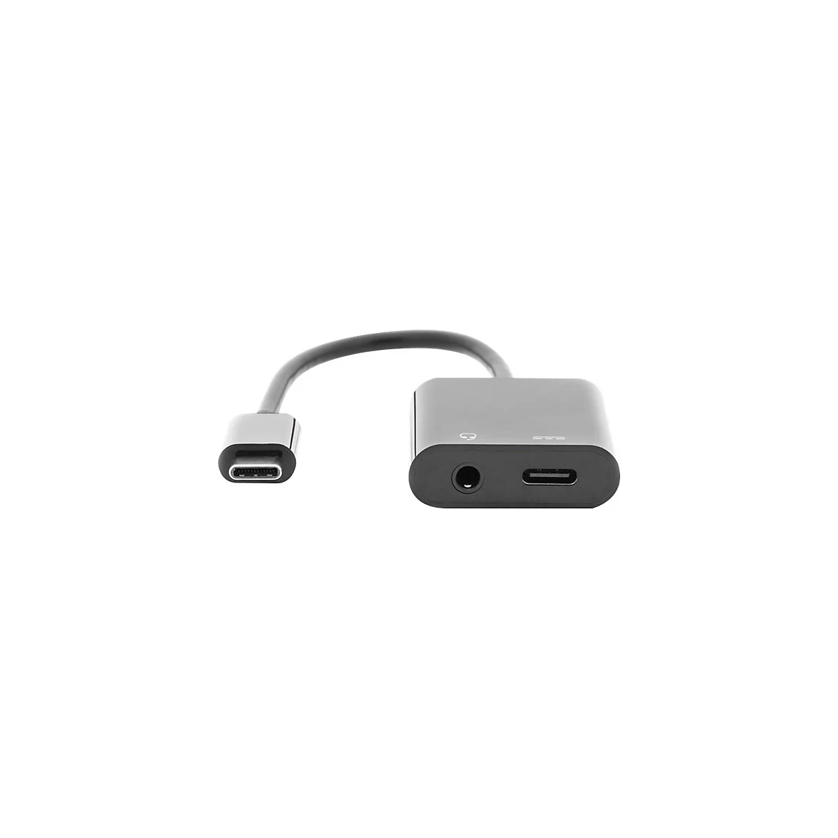 Adaptateur audio USB-C vers 3,5 mm gris avec connecteurs argentés et câble noir.