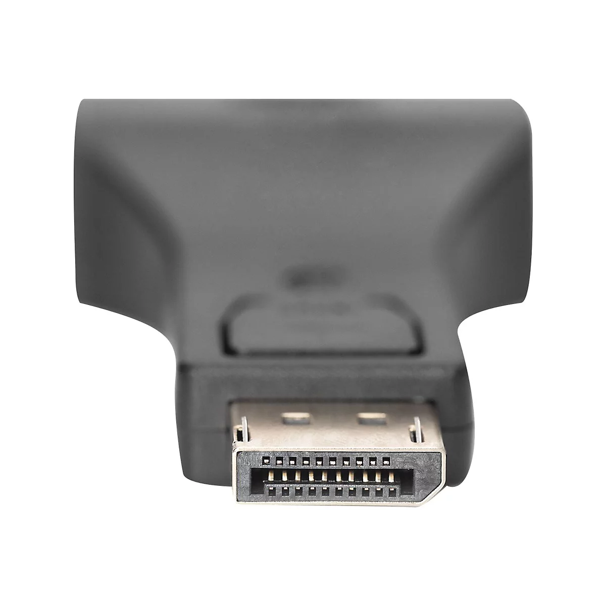 Gros plan sur un adaptateur DisplayPort noir. Le connecteur est argenté avec de nombreuses petites broches.