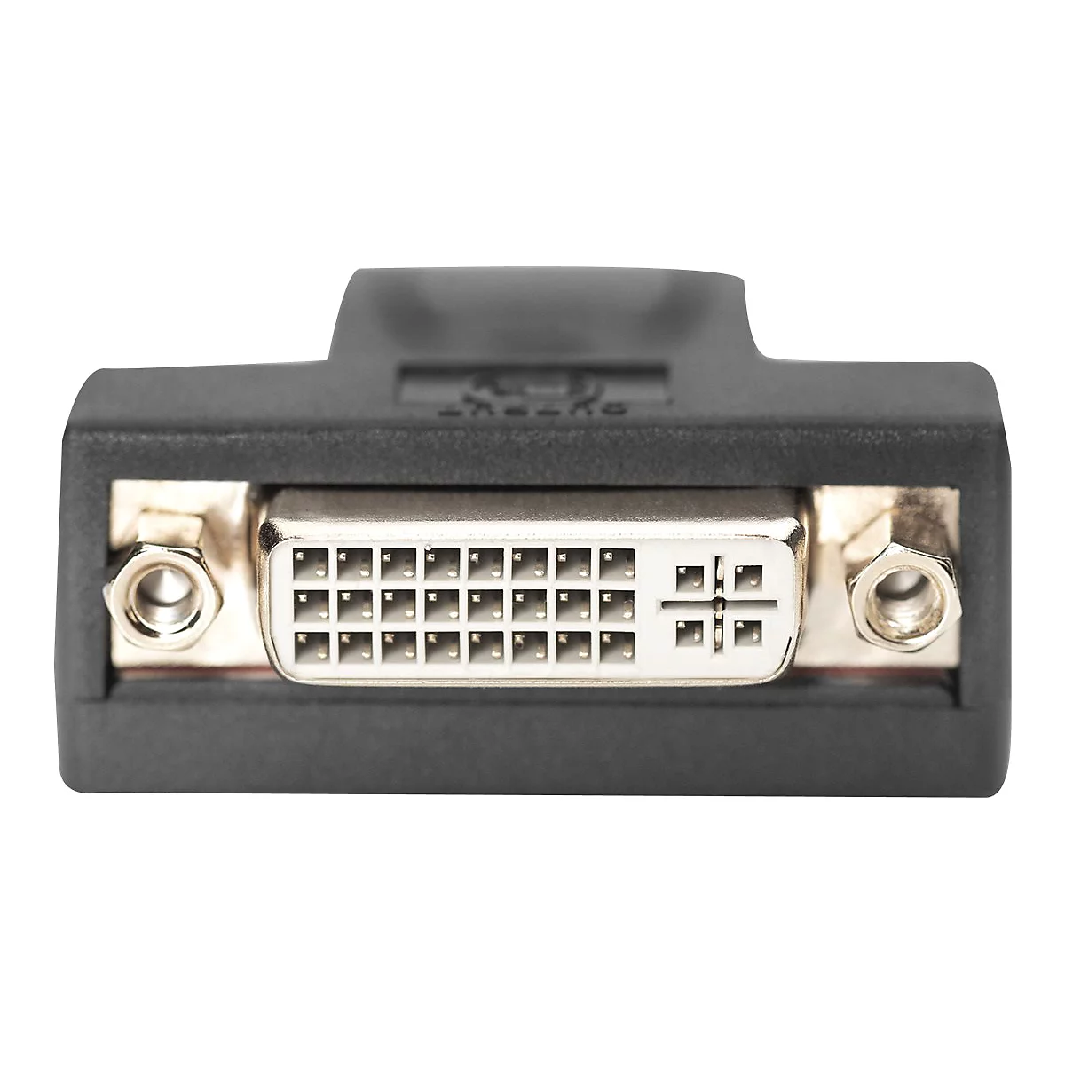 Gros plan d'un connecteur DVI avec broches. Boîtier noir avec vis sur les côtés.