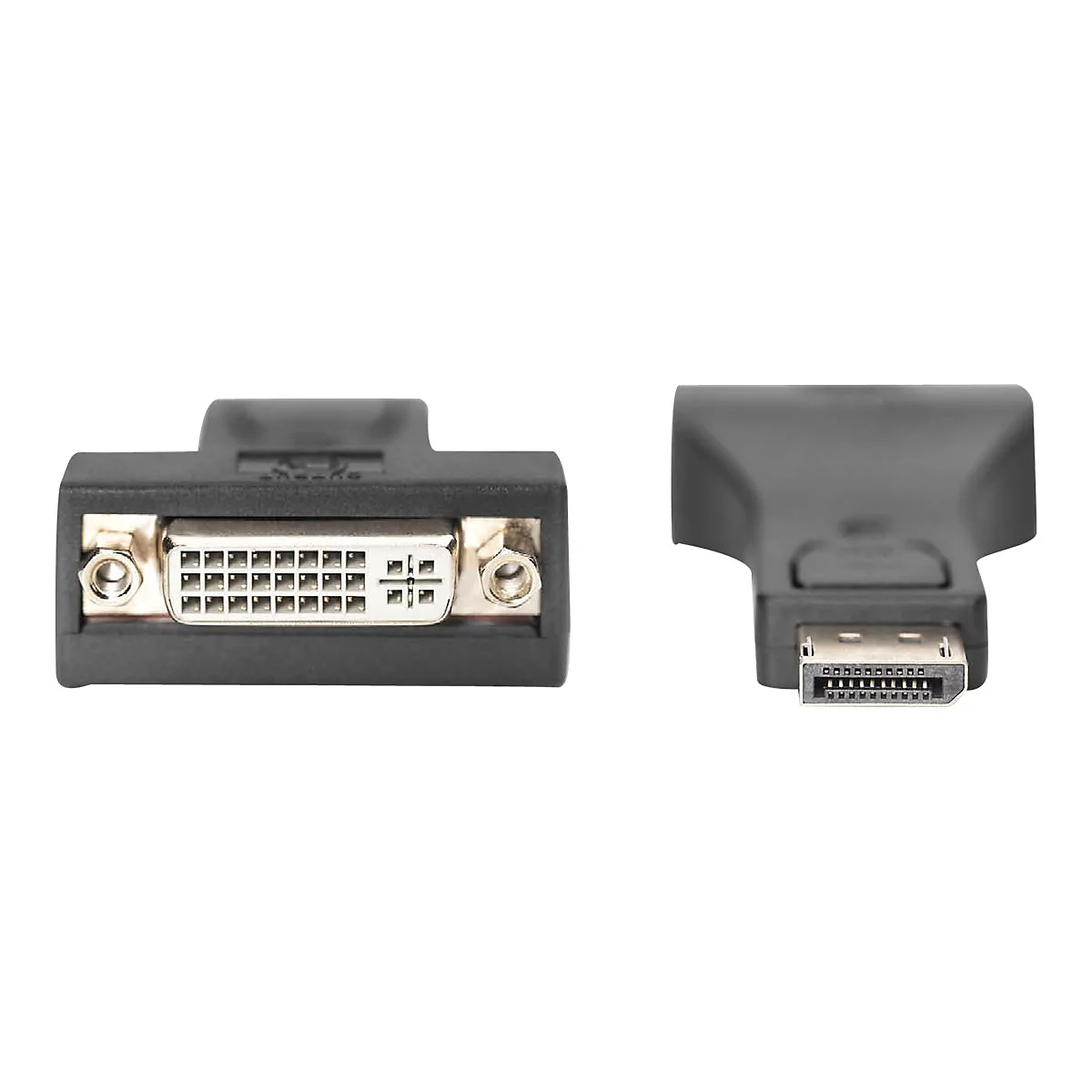 Deux adaptateurs noirs, l'un avec un connecteur DVI et l'autre avec un mini DisplayPort.