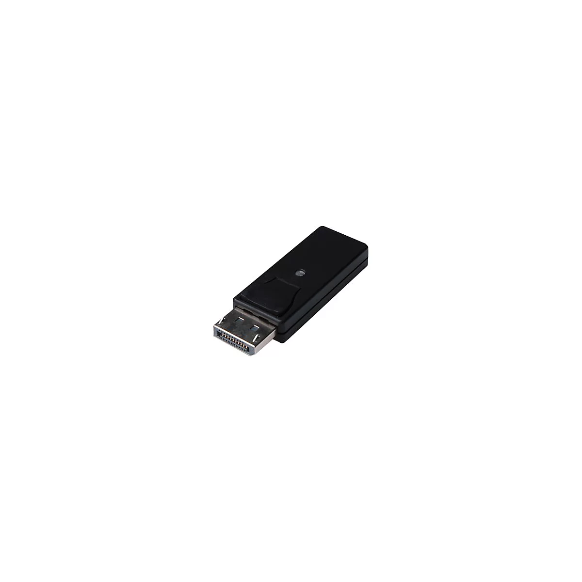 Un adaptateur DisplayPort noir sur fond blanc.