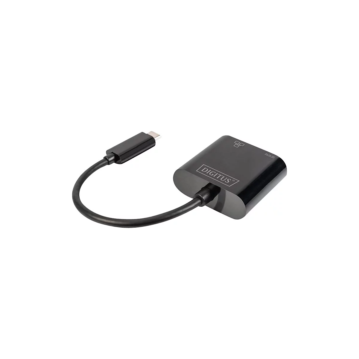 Adaptateur USB-C noir avec câble. Le boîtier de l'adaptateur indique 'DIGITUS'.