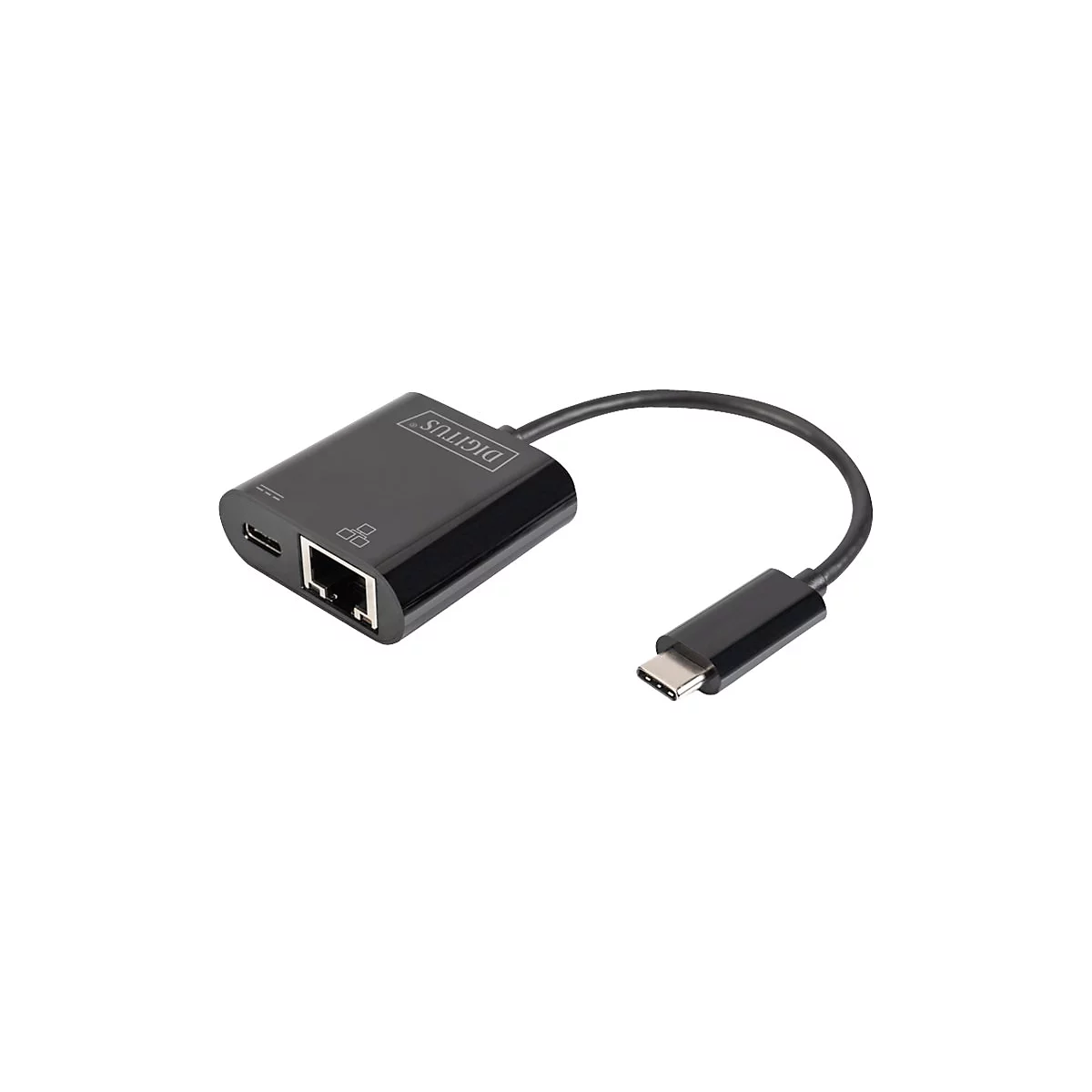 Adaptateur Ethernet Digitus USB-C noir. Il possède un connecteur USB-C et un port RJ45.