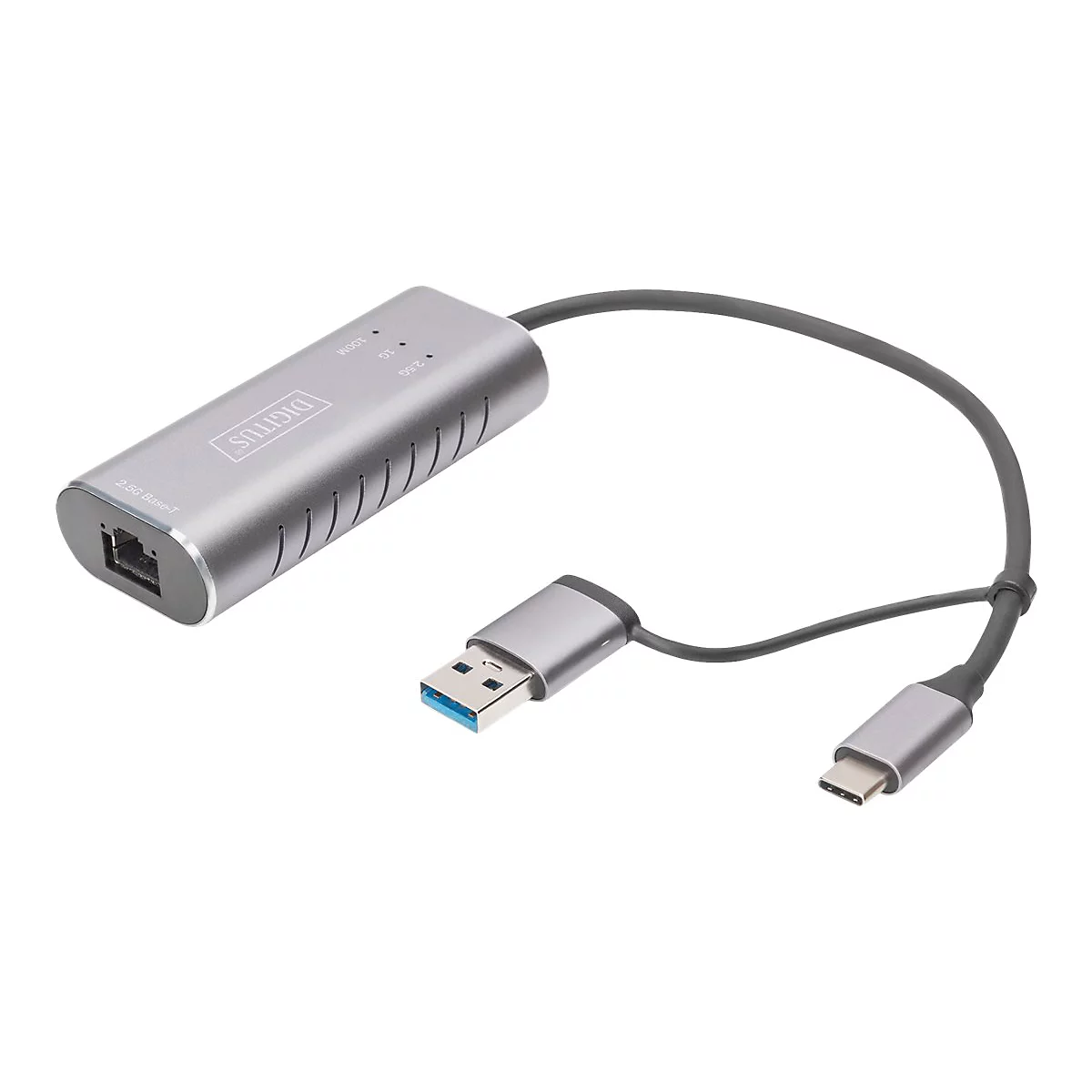 Adaptateur Ethernet gris avec connecteurs USB et USB-C. Inscription : Digitus, 2.5G Base-T.