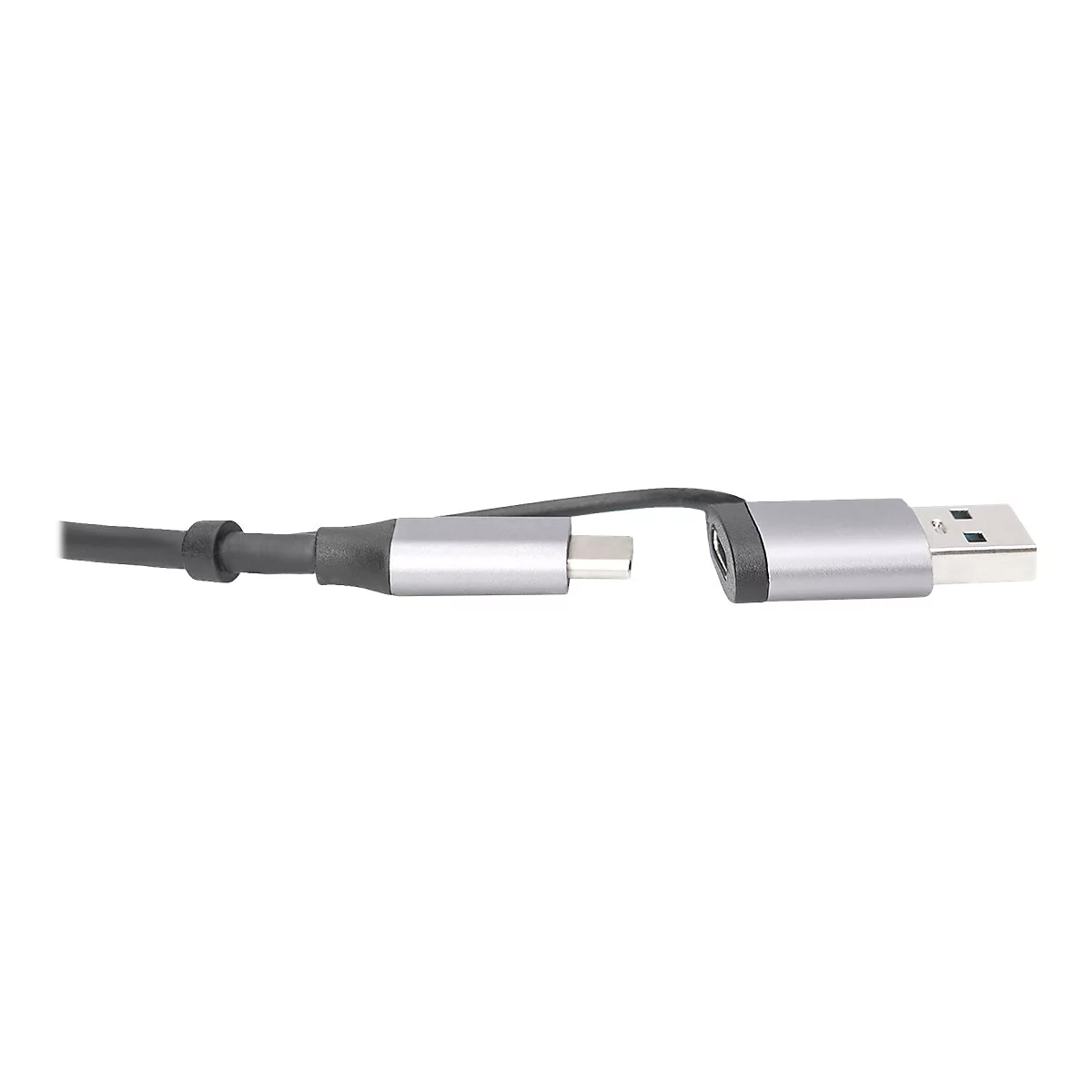 Câble USB avec connecteurs USB-C et USB-A, gris et noir, présenté déconnecté.