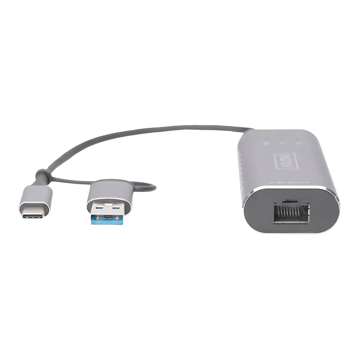 Adaptateur USB-C gris avec ports USB-A et Ethernet, sur fond blanc.