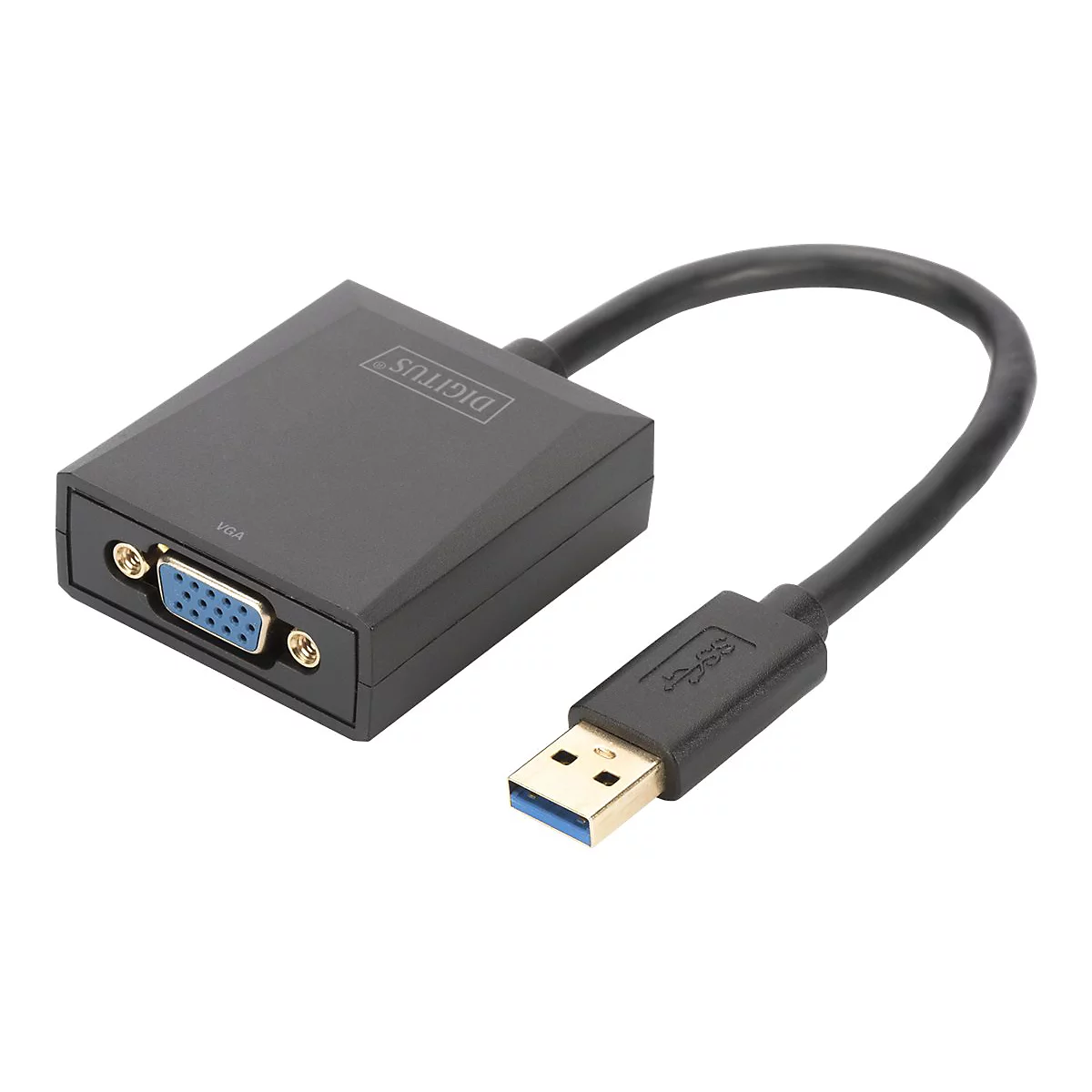 Adaptateur VGA vers USB noir avec logo DIGITUS et connecteur USB bleu.