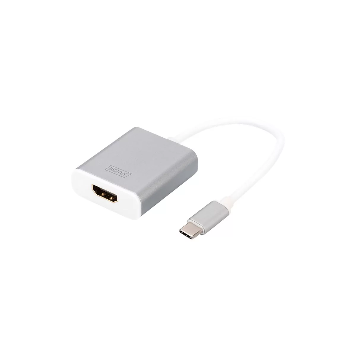 Adaptateur avec ports HDMI et USB-C. L'adaptateur est argenté avec un câble blanc. Marque : Digitus.