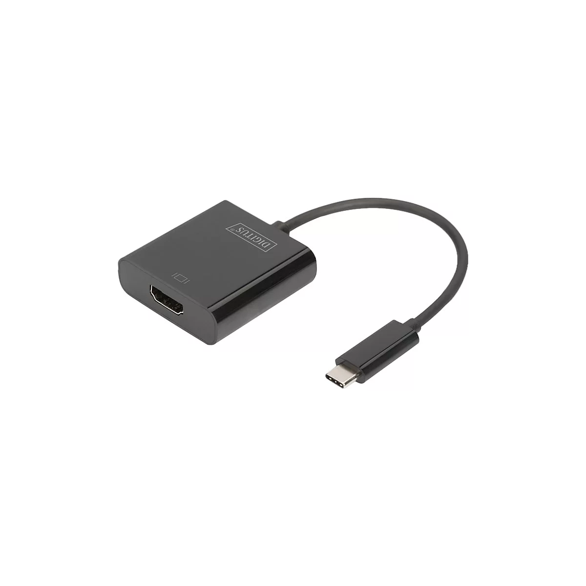 Adaptateur USB-C vers HDMI noir. Boîtier noir avec port HDMI et texte DIGITUS.