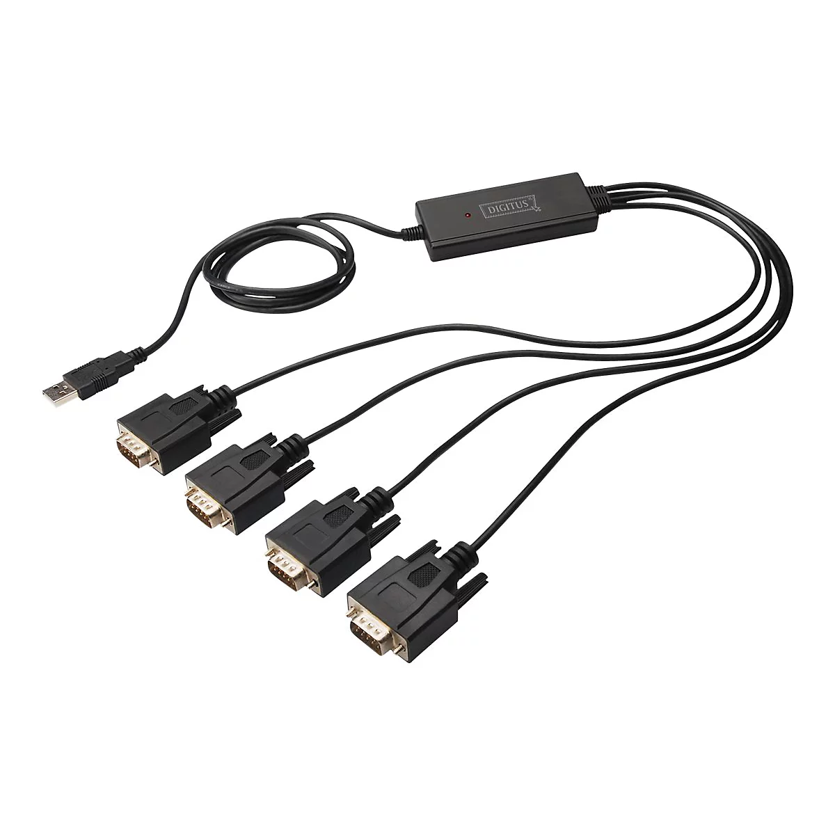 Câble adaptateur USB vers série Digitus noir. Avec prise USB, boîtier noir et quatre connecteurs série.