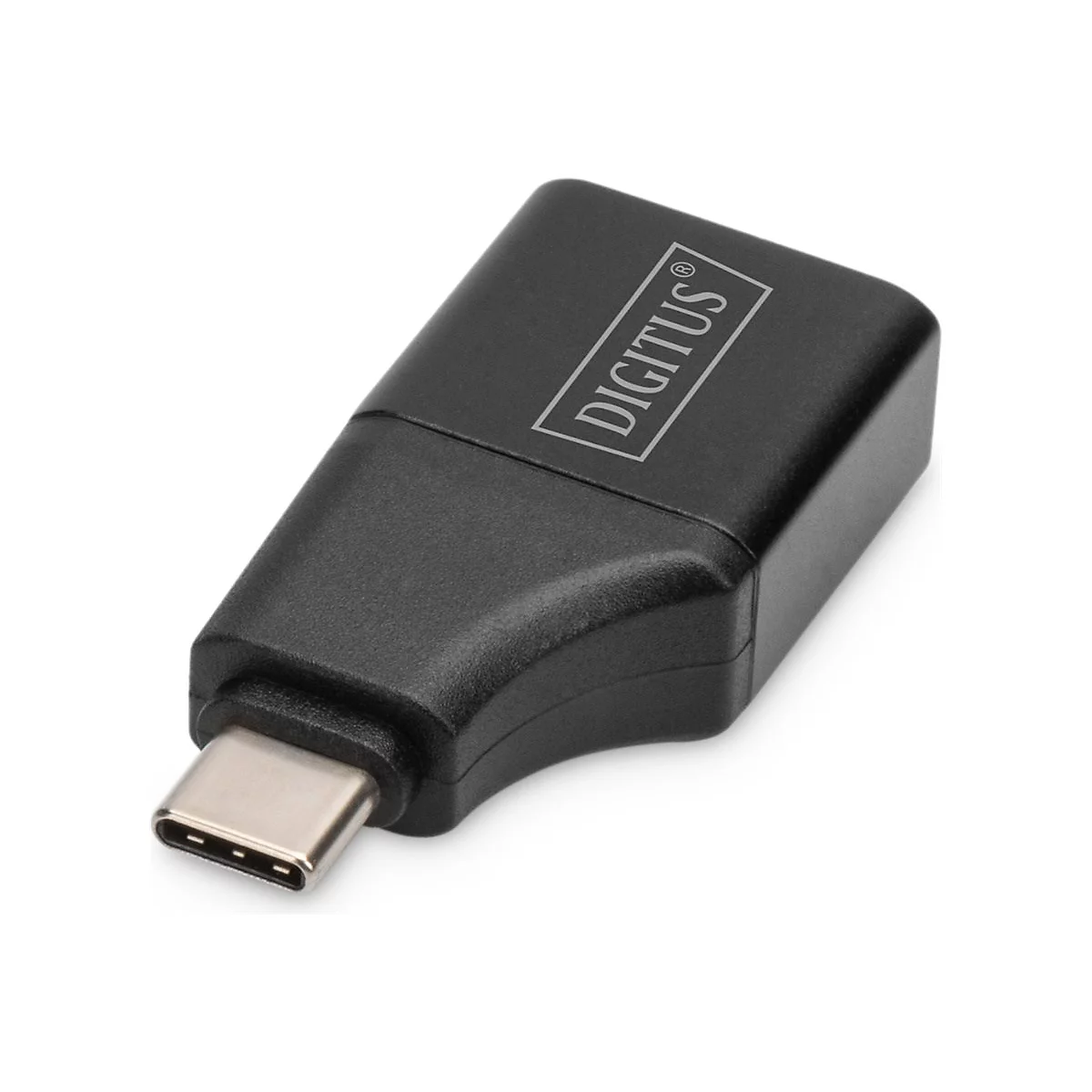 Un adaptateur USB-C noir. "DIGITUS" est imprimé sur la surface.