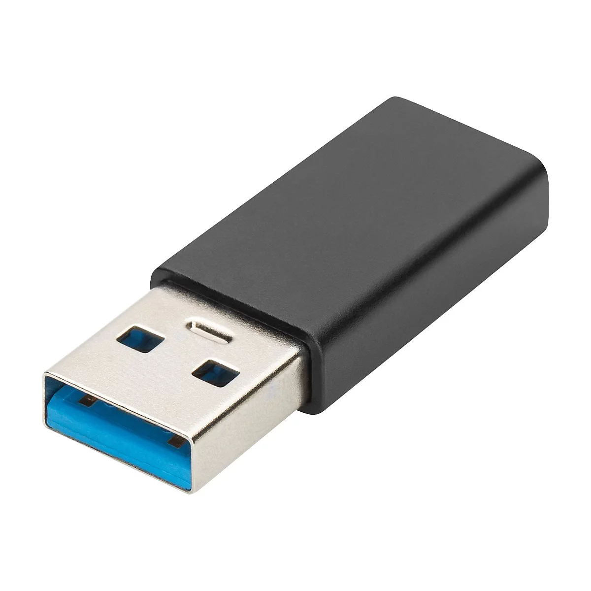 Une clé USB noire, prise métallique, couleur intérieure bleue.