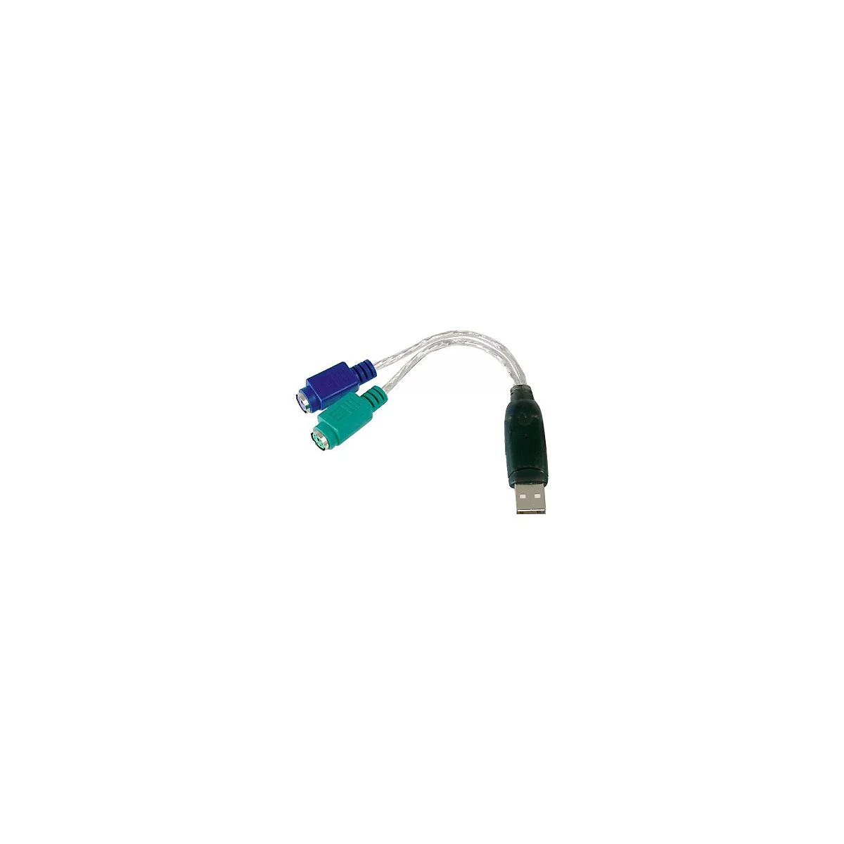 Câble adaptateur USB. Une extrémité avec deux connecteurs PS/2, bleu et vert, et une extrémité avec un connecteur USB. Câble foncé.