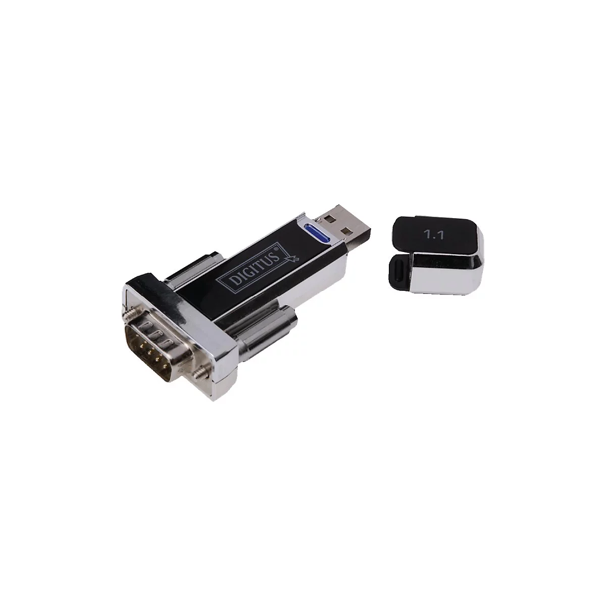 Adaptateur USB vers série de Digitus, noir et argent, avec couvercle amovible.