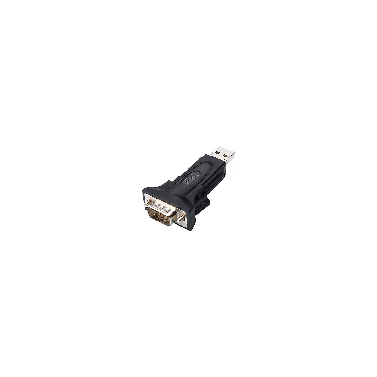 Adaptateur USB vers RS232 noir. L'adaptateur possède un connecteur USB-A, un port RS232 et un boîtier avec le logo Digitus.