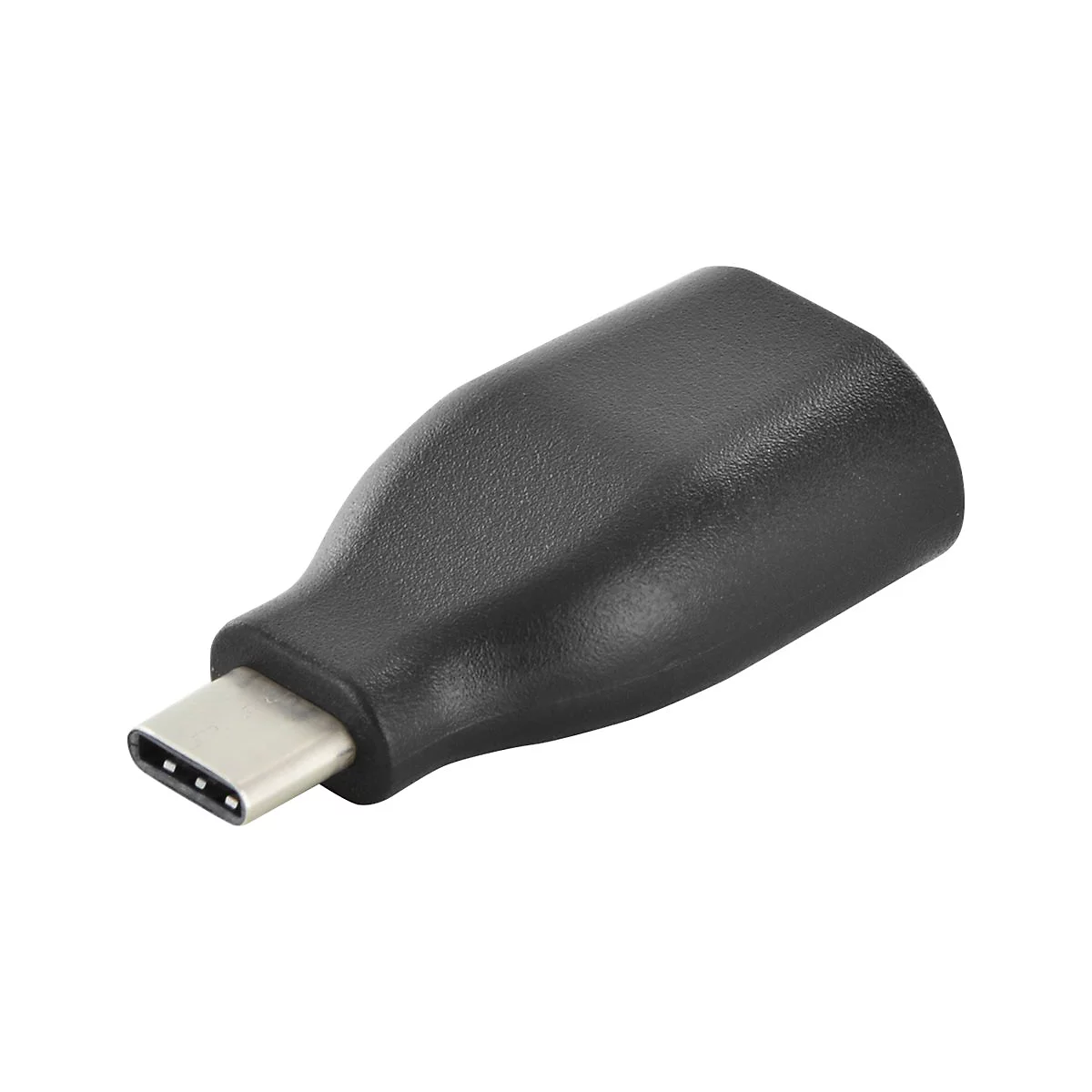 Adaptateur USB-C noir isolé sur fond blanc.