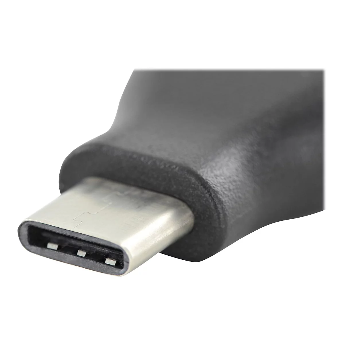 Gros plan sur un connecteur USB-C en métal et plastique noir, isolé sur fond blanc.