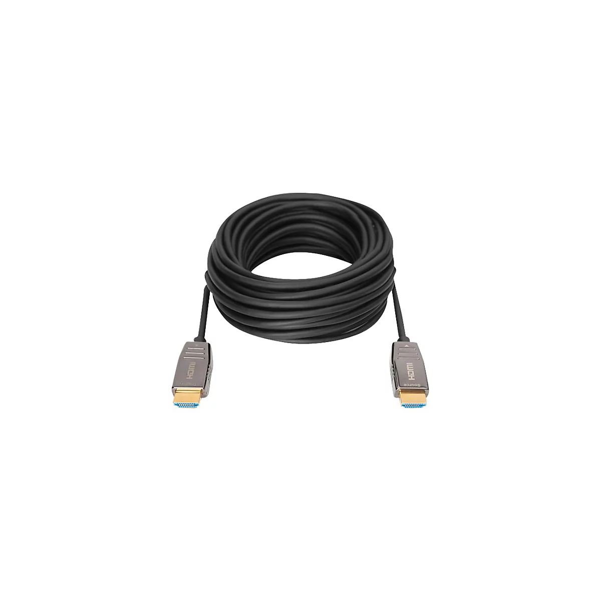 Schwarzes HDMI-Kabel, gerollt. Metallische Stecker, golden und blau, mit HDMI-Aufschrift.