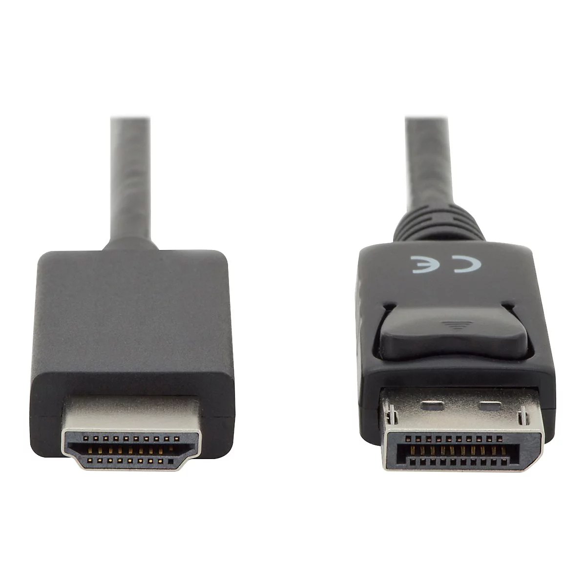 Zwei schwarze DisplayPort-Kabel mit Steckern; CE-Zeichen auf einem Stecker.