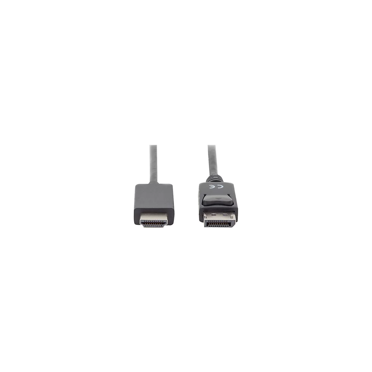 Zwei Enden eines grauen HDMI-Kabels. Links ein HDMI-Stecker, rechts ein DisplayPort-Stecker.
