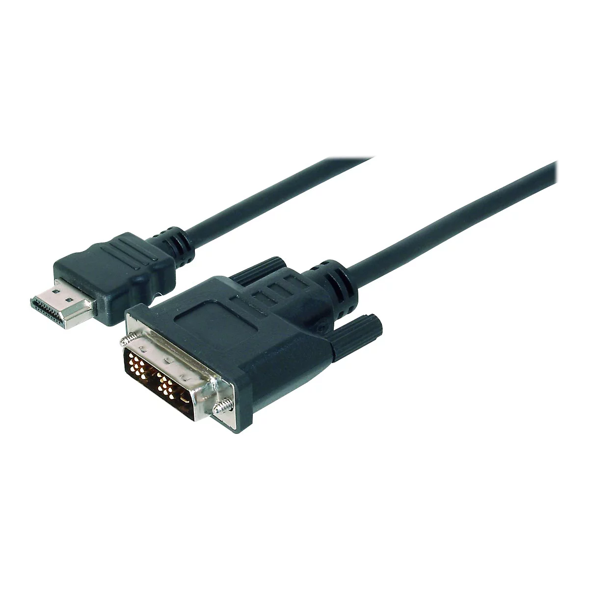 Ein schwarzes HDMI-zu-DVI-Kabel vor weißem Hintergrund. Der DVI-Stecker ist mit Stiften versehen.