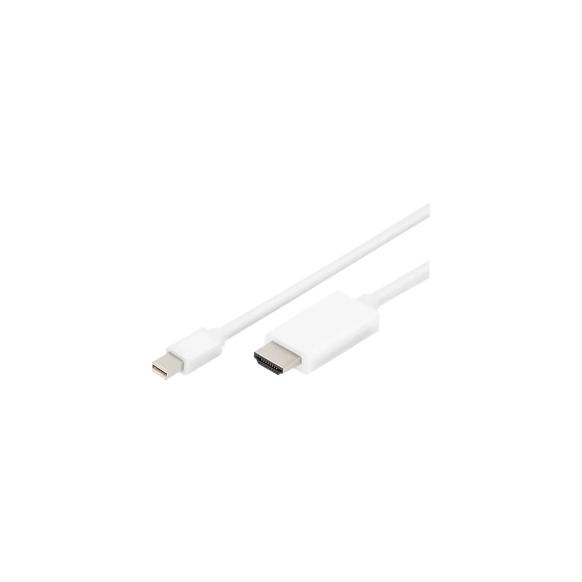 Weißes HDMI-Kabel mit Anschlüssen, vor weißem Hintergrund. HDMI- und Mini-DisplayPort-Stecker.