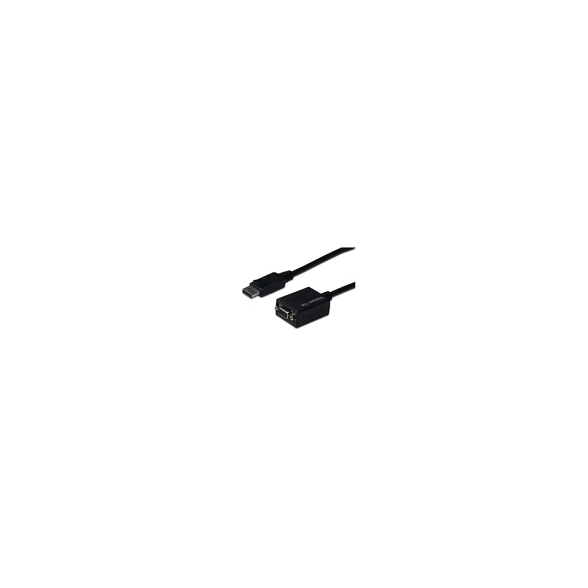 Schwarzes Kabel mit DisplayPort- und VGA-Steckern. Auf einem Adapter steht 'VGA-Video'.