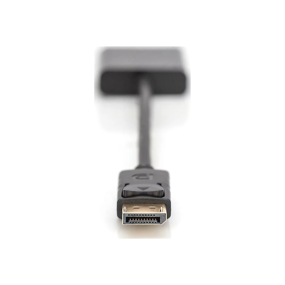 Nahaufnahme eines schwarzen DisplayPort-Kabels, das auf weißem Hintergrund nach oben zeigt.