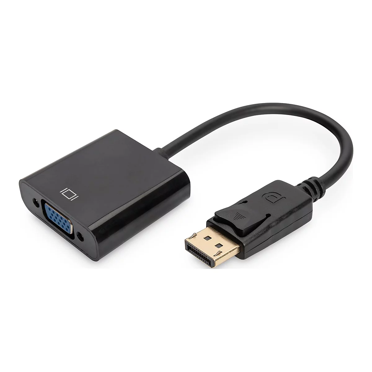 Schwarzer Adapter von VGA zu DisplayPort. Am einen Ende VGA-Anschluss, am anderen DP-Stecker.