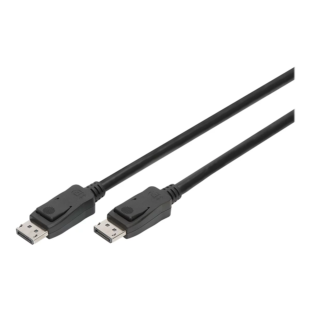 Zwei schwarze DisplayPort-Kabel mit Steckern auf weißem Hintergrund.