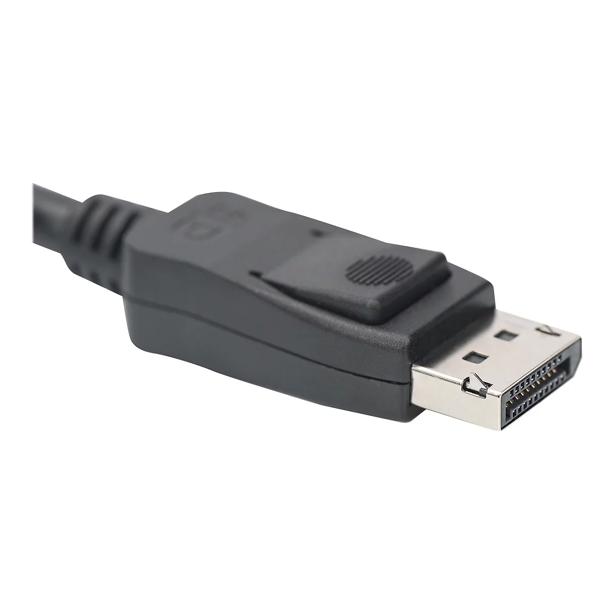 Nahaufnahme eines DisplayPort-Kabels mit Stecker. Schwarz, Metall, geriffelt, rechteckig.