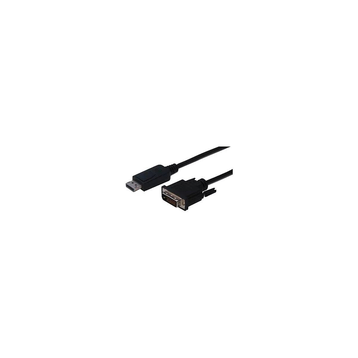 Schwarzes DisplayPort-auf-DVI-Kabel mit Steckern an beiden Enden.