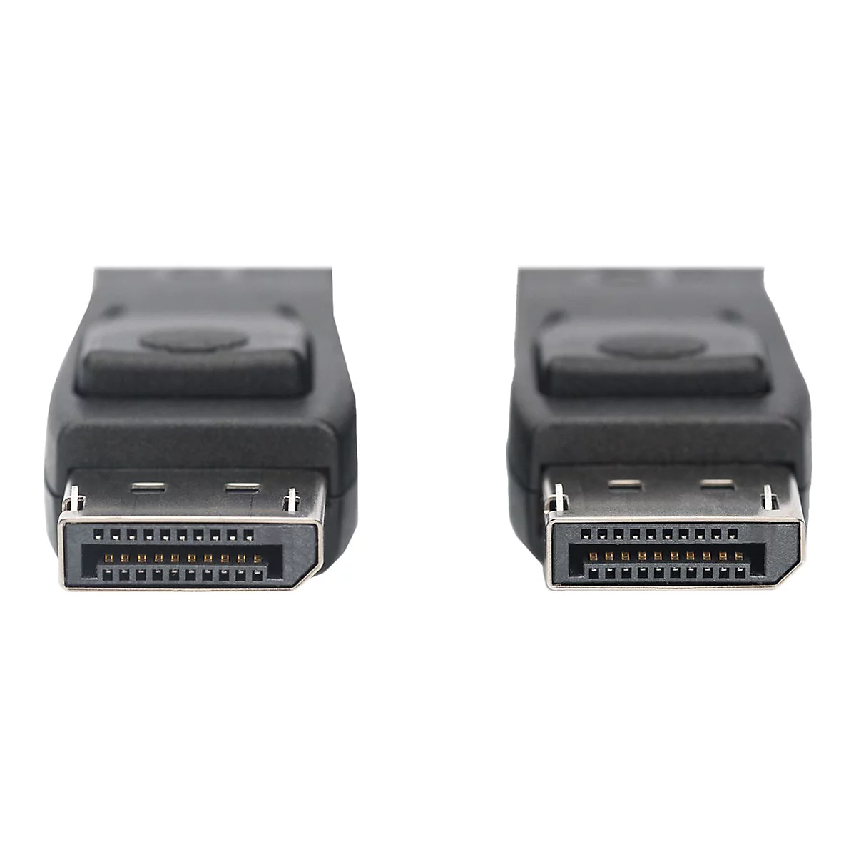 Zwei schwarze DisplayPort-Stecker auf weißem Hintergrund. Stecker mit kleinen Pins, in Nahaufnahme.