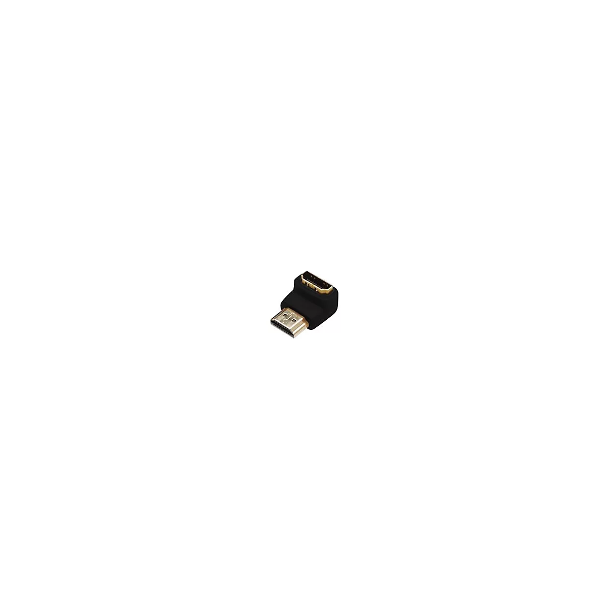 Schwarzer HDMI-Adapter mit vergoldeten Anschlüssen. Der Adapter hat eine L-Form.