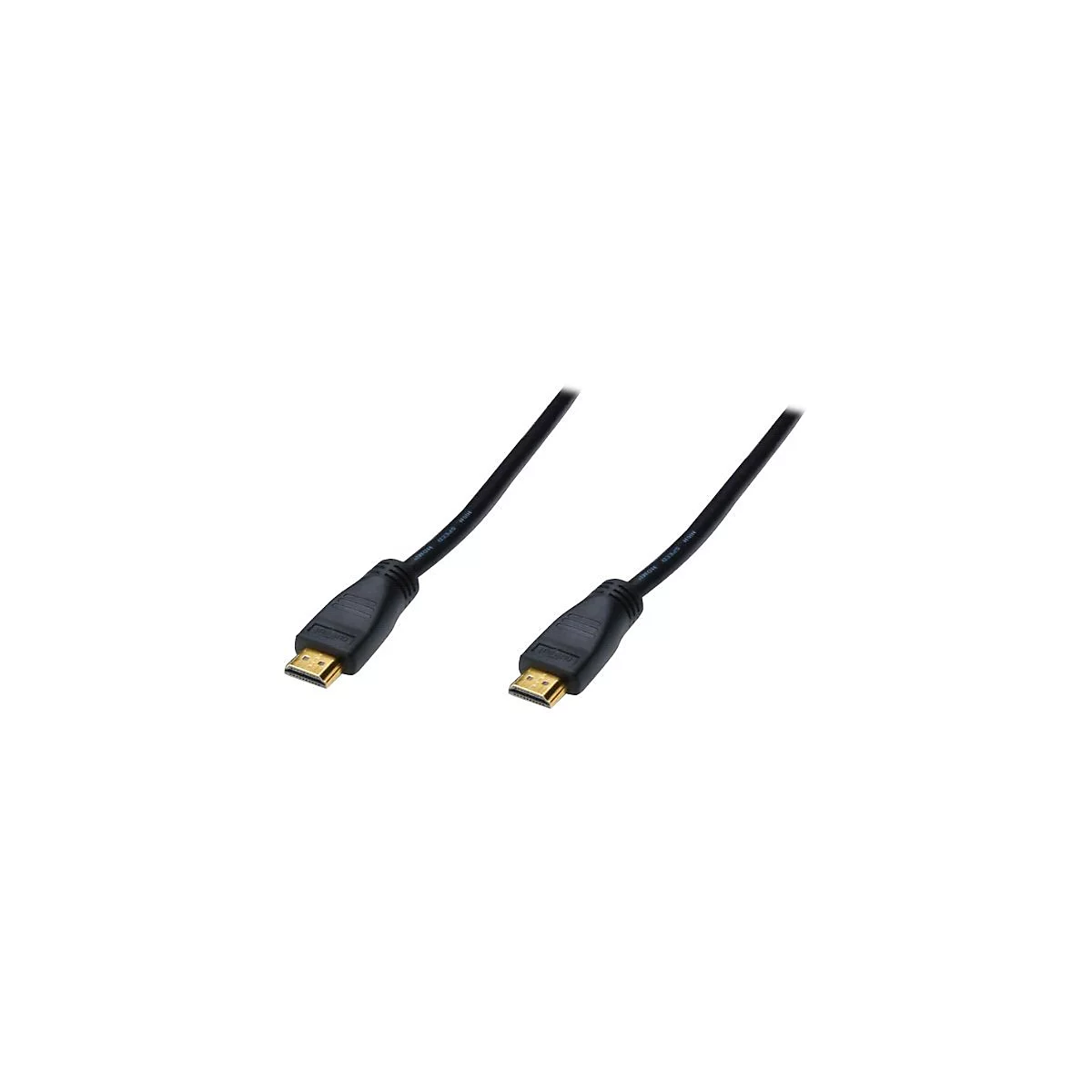 Zwei schwarze HDMI-Kabel mit vergoldeten Anschlüssen, die auf weißem Hintergrund liegen.