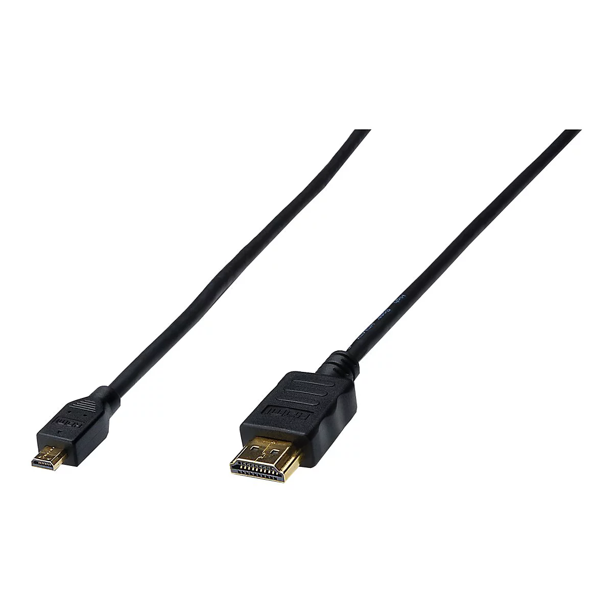 Ein schwarzes HDMI-Kabel mit Micro-HDMI-Anschluss und einem Standard-HDMI-Anschluss.