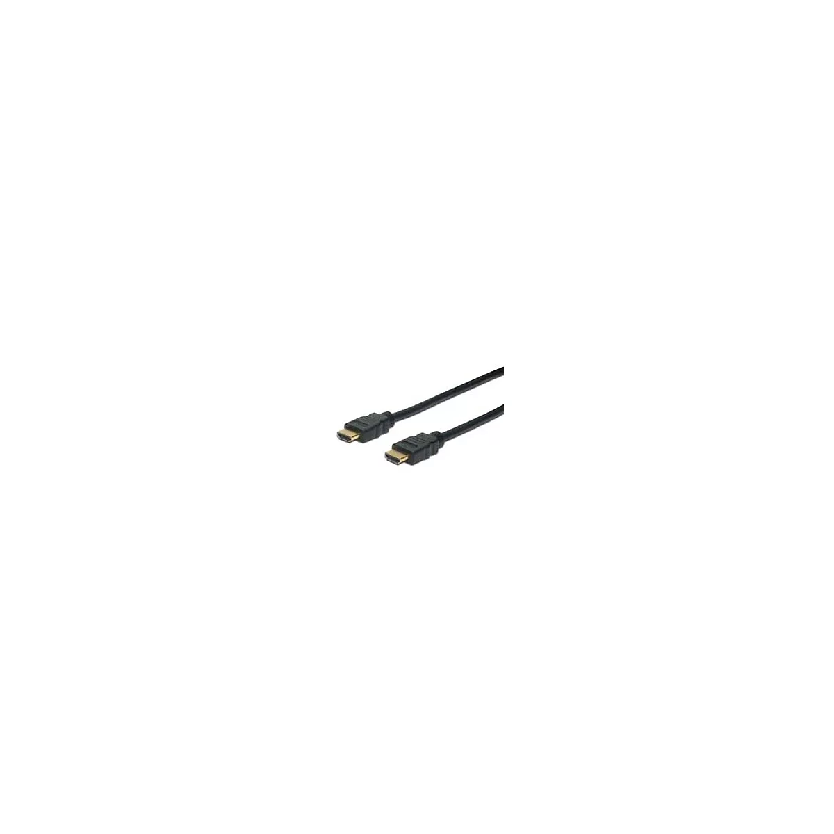 Ein schwarzes HDMI-Kabel mit Steckern an beiden Enden, vor weißem Hintergrund.