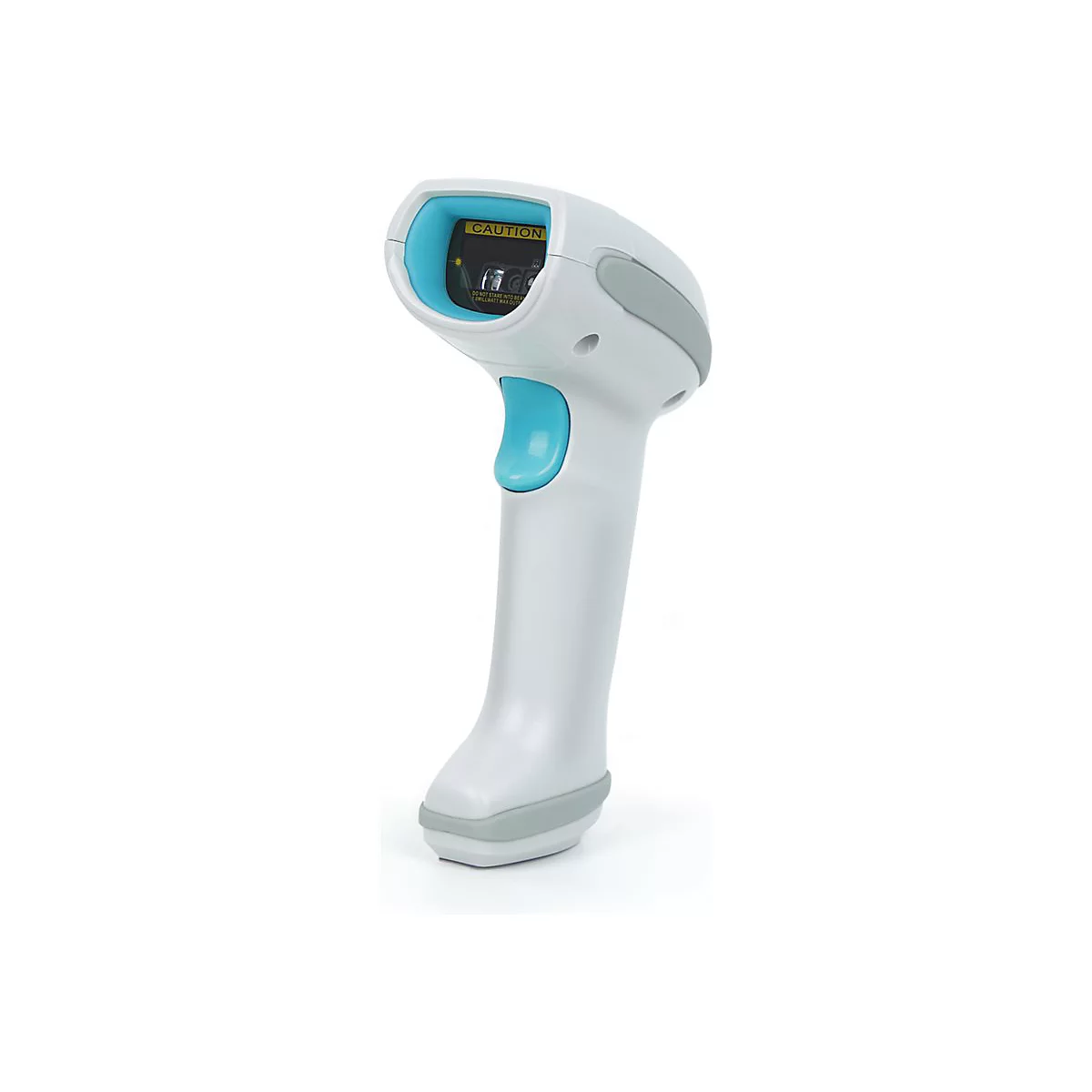 Ein weißer Handscanner mit blauem Abzug vor weißem Hintergrund.