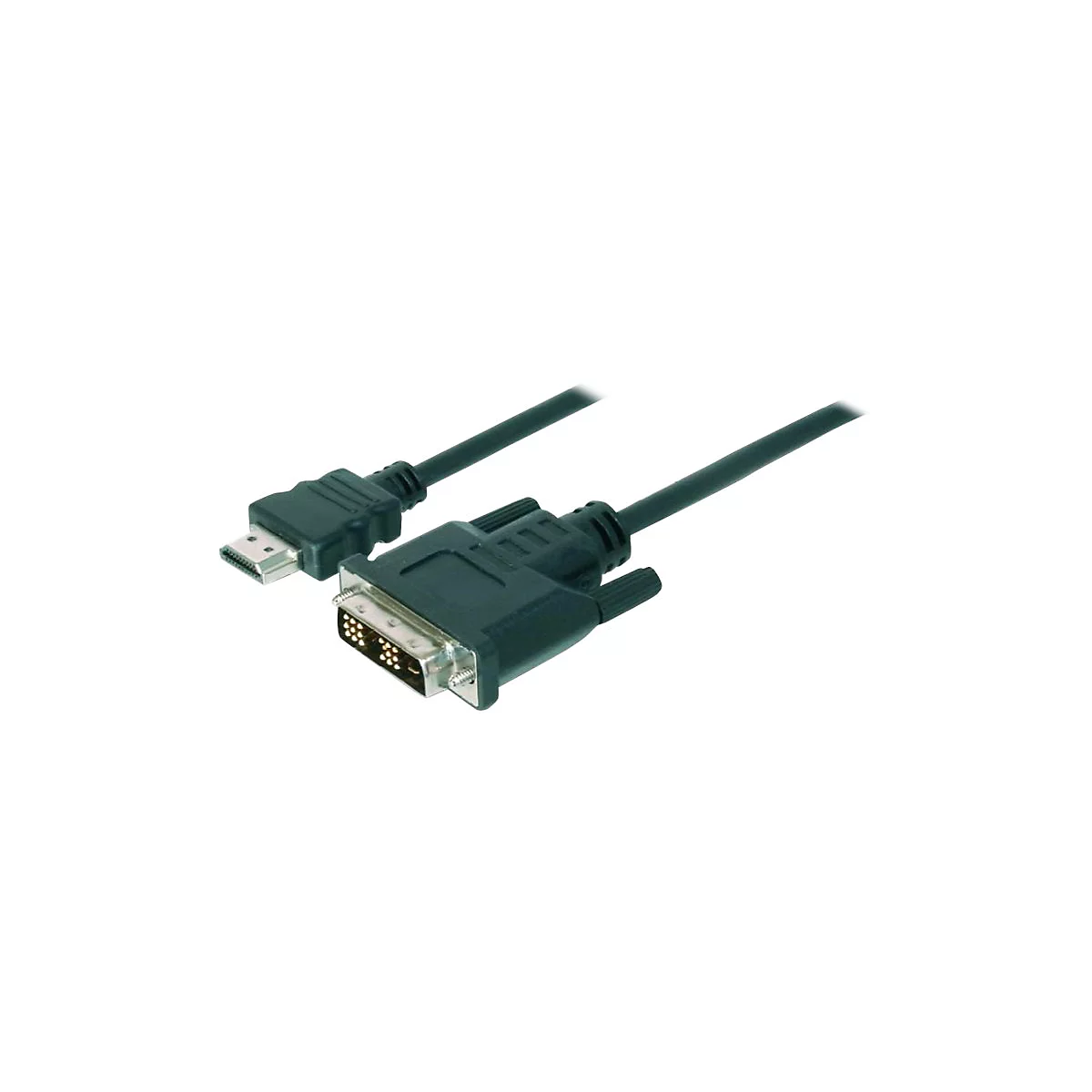 Un câble HDMI vers DVI noir sur fond blanc. Le connecteur DVI est équipé de vis pour le fixer.