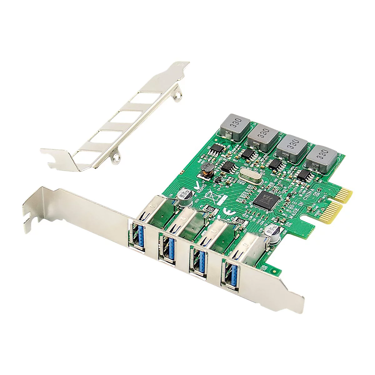 Une carte PCIE verte avec quatre ports USB 3.0, des supports métalliques argentés et des composants électroniques.