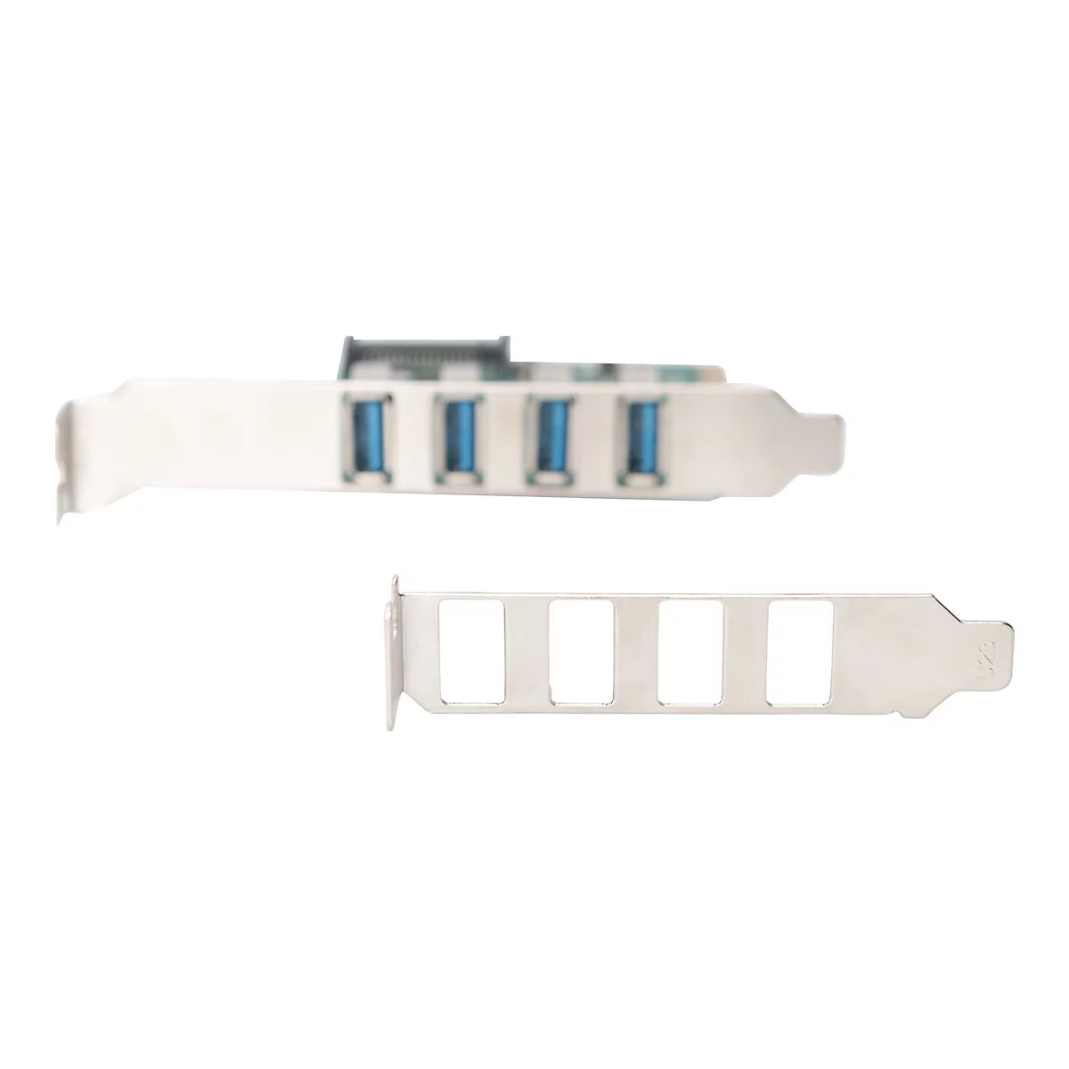 Une carte d'extension USB 3.0 blanche avec quatre ports bleus et une tôle supplémentaire.