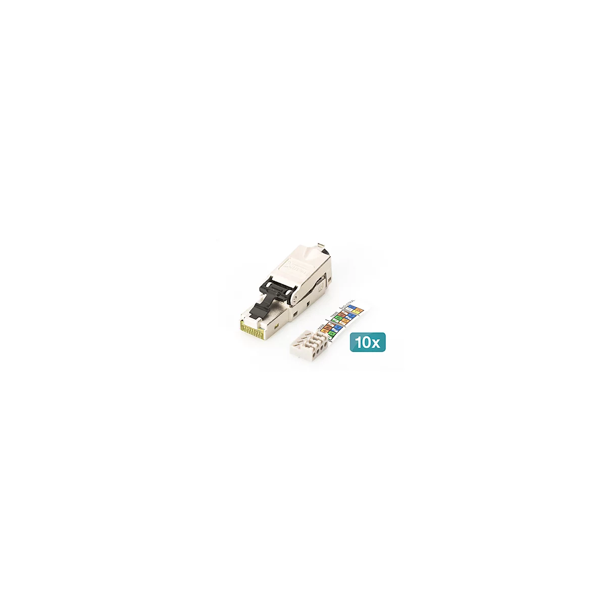 Ein grauer RJ45-Stecker mit schwarzem Clip und kleiner grauer Anschlussklemme. Daneben: farbige Kabelbelegung und das Label "10x".