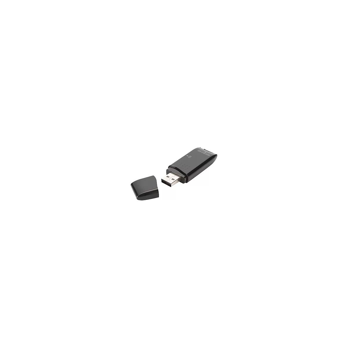 Schwarzer USB-Kartenleser mit abgezogener Kappe und Micro SD-Aufdruck.