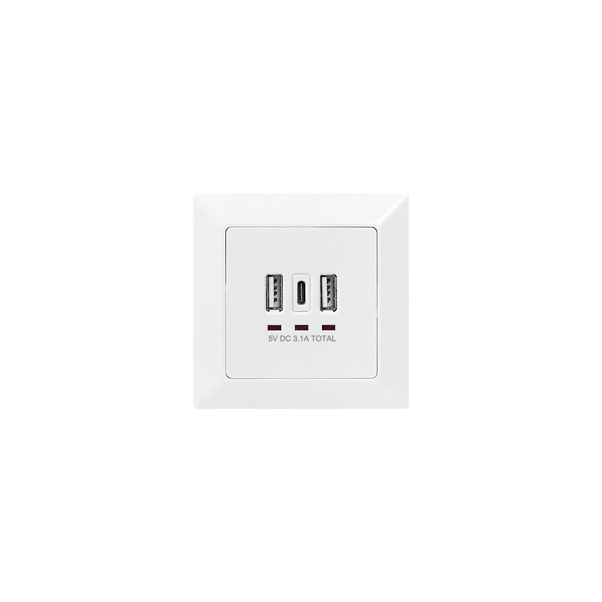 WeiÃŸe USB-Steckdose mit 2 USB-A- und 1 USB-C-Anschluss. Beschriftung: 5V DC 3.1A TOTAL.