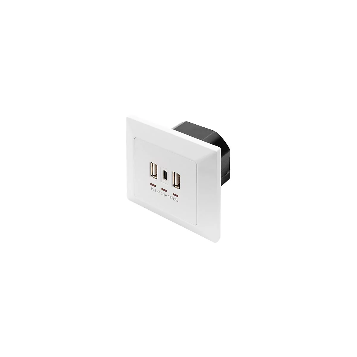 WeiÃŸe USB-Steckdose mit drei AnschlÃ¼ssen. Unter den AnschlÃ¼ssen steht 5V DC 3.1A TOTAL.