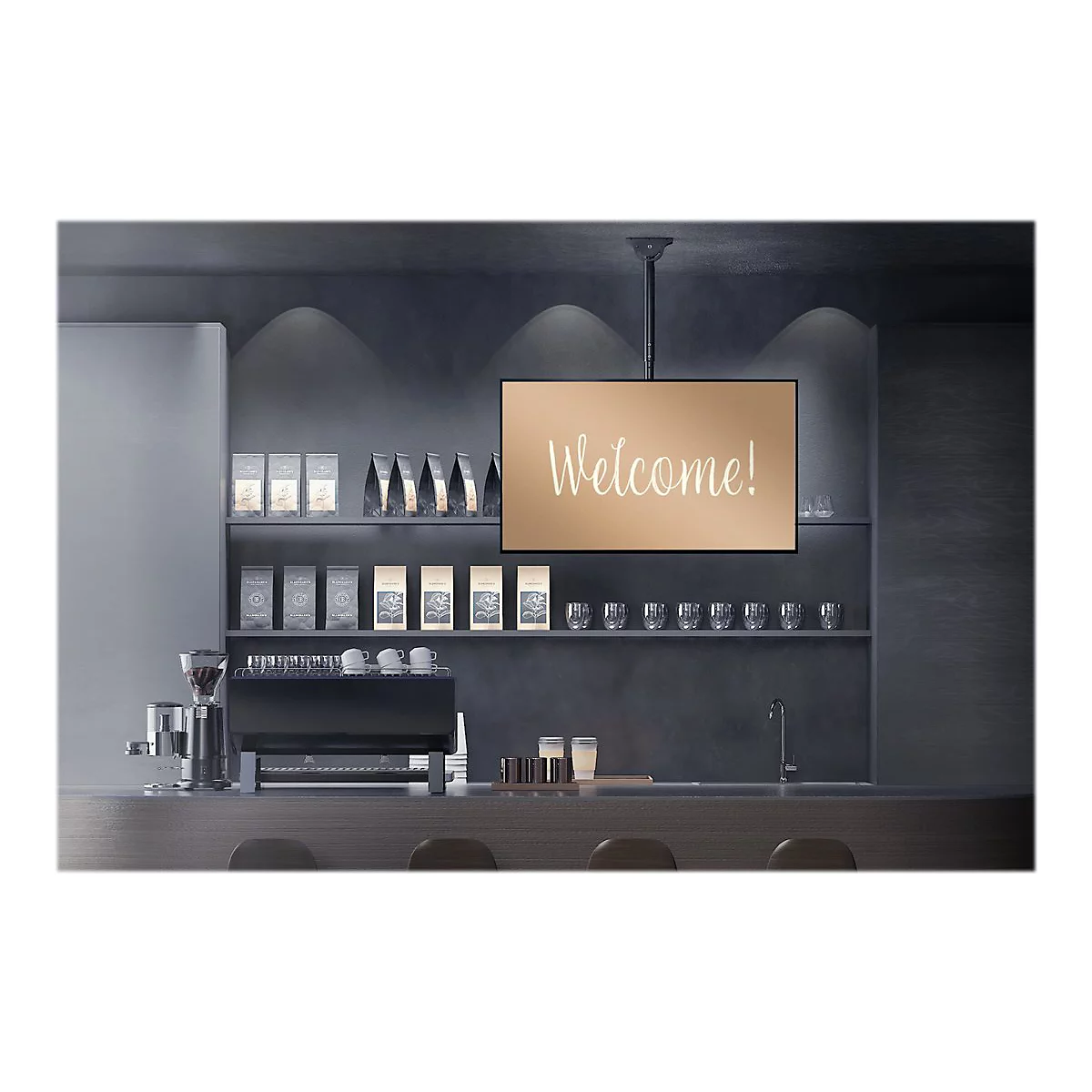 Kaffee-Shop-Szene. An der Theke: Kaffeemaschine, GlÃ¤ser, eine Leuchttafel mit Welcome! und Regale mit Kaffeepackungen.